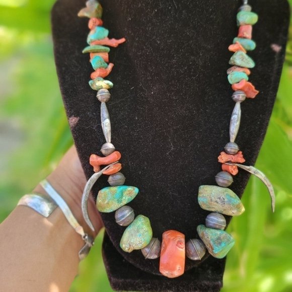Native American Jewelry - WOW Native American heavy 1940s sterling bench beads, turquoise, and coral